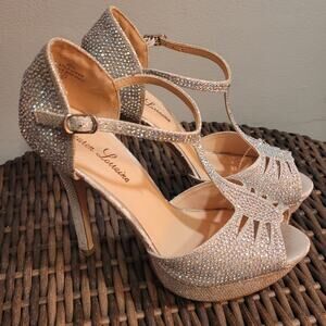 Lauren Lorraine Gail Silver Rhinestone Platform Stiletto Heels 7.5 Glam Party